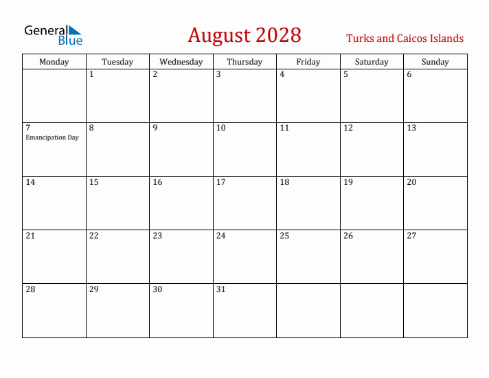 Turks and Caicos Islands August 2028 Calendar - Monday Start