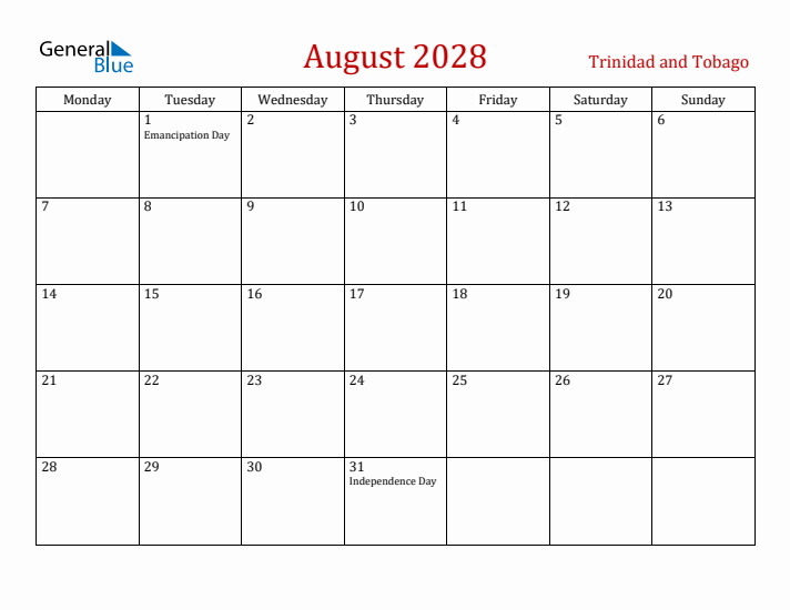 Trinidad and Tobago August 2028 Calendar - Monday Start