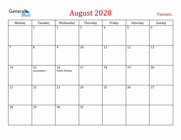 Vanuatu August 2028 Calendar - Monday Start