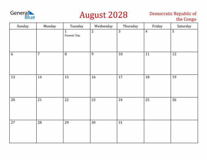 Democratic Republic of the Congo August 2028 Calendar - Sunday Start