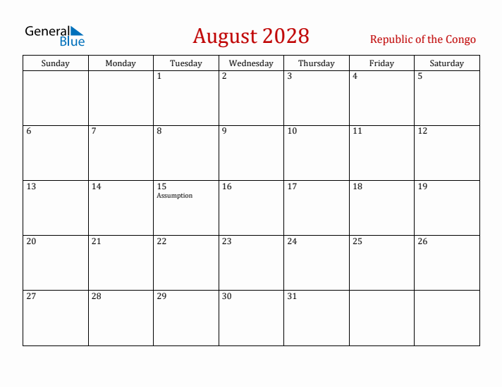 Republic of the Congo August 2028 Calendar - Sunday Start