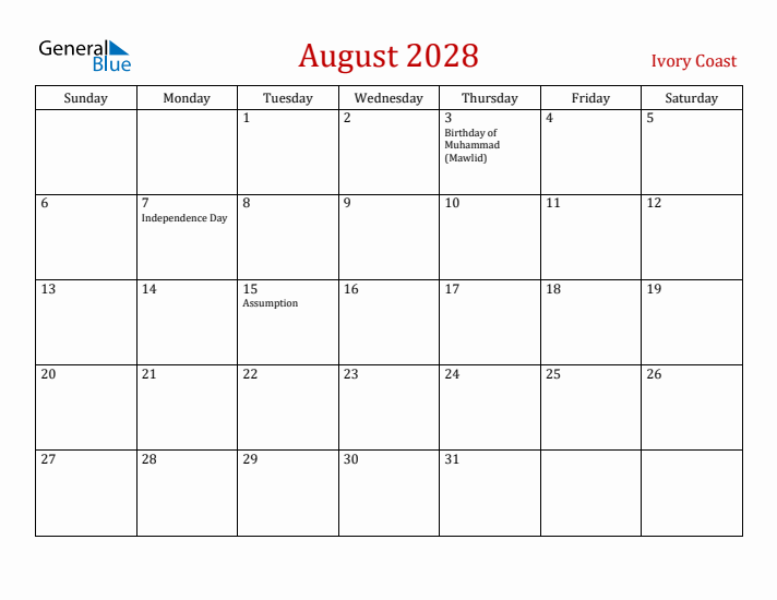 Ivory Coast August 2028 Calendar - Sunday Start