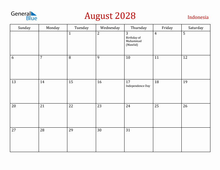 Indonesia August 2028 Calendar - Sunday Start