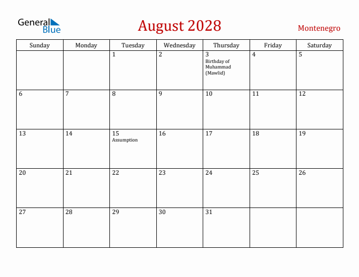 Montenegro August 2028 Calendar - Sunday Start