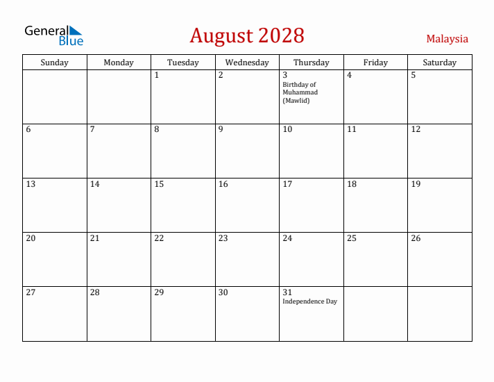 Malaysia August 2028 Calendar - Sunday Start