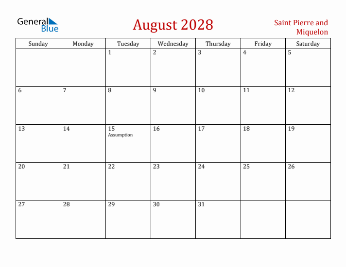 Saint Pierre and Miquelon August 2028 Calendar - Sunday Start