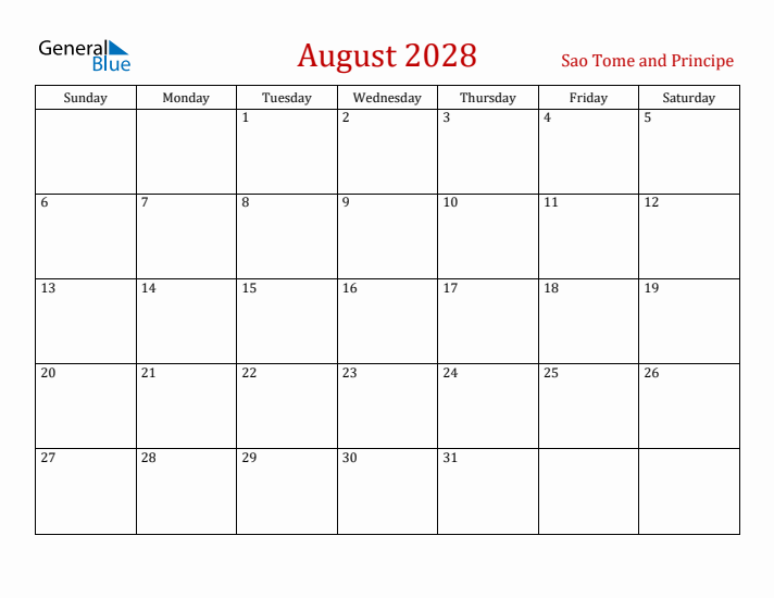 Sao Tome and Principe August 2028 Calendar - Sunday Start