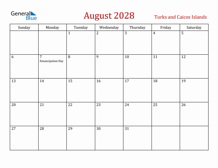 Turks and Caicos Islands August 2028 Calendar - Sunday Start