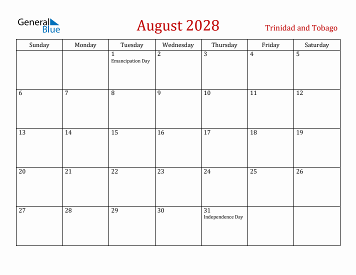Trinidad and Tobago August 2028 Calendar - Sunday Start
