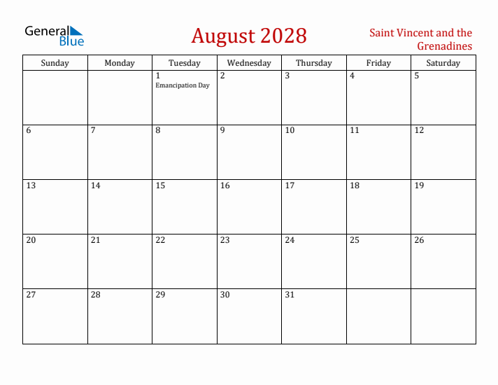 Saint Vincent and the Grenadines August 2028 Calendar - Sunday Start