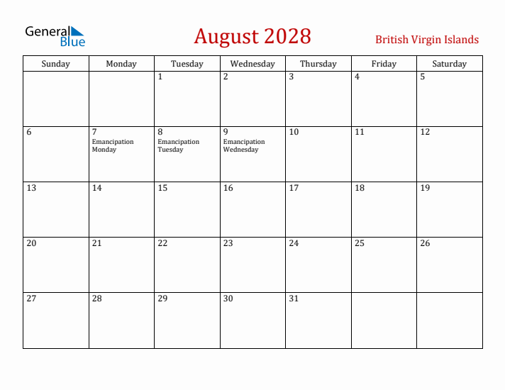 British Virgin Islands August 2028 Calendar - Sunday Start