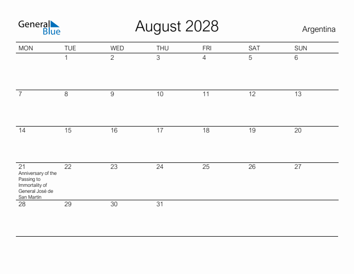 Printable August 2028 Calendar for Argentina