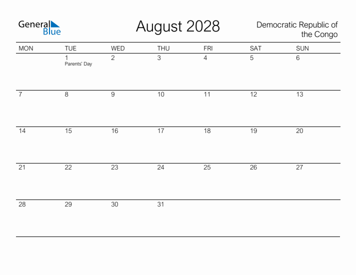Printable August 2028 Calendar for Democratic Republic of the Congo