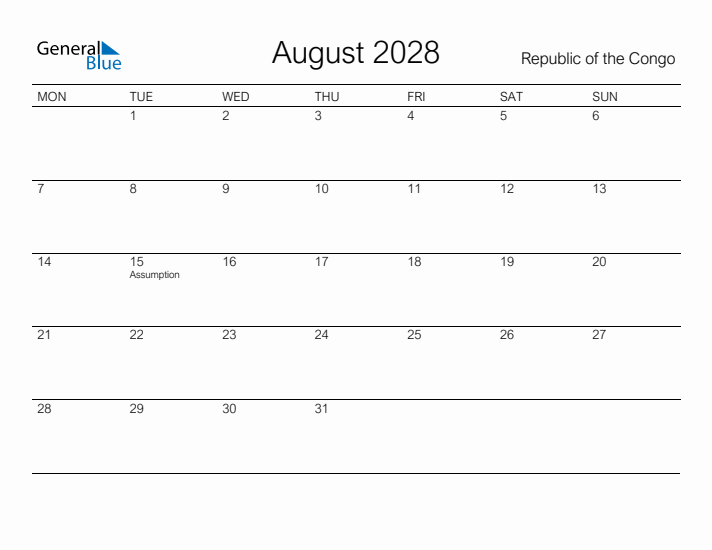 Printable August 2028 Calendar for Republic of the Congo