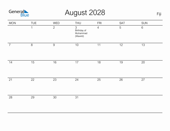 Printable August 2028 Calendar for Fiji