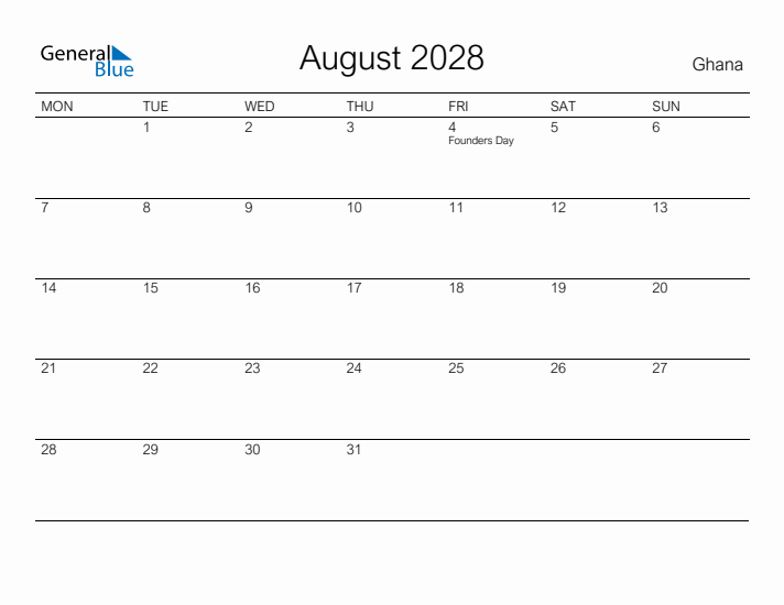 Printable August 2028 Calendar for Ghana
