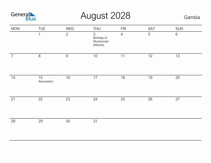 Printable August 2028 Calendar for Gambia