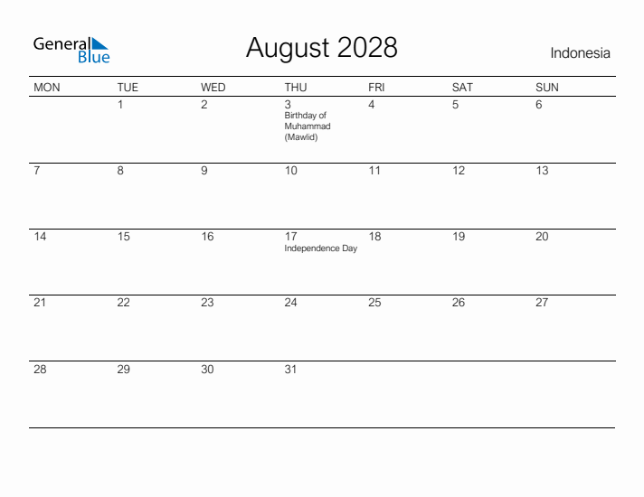 Printable August 2028 Calendar for Indonesia
