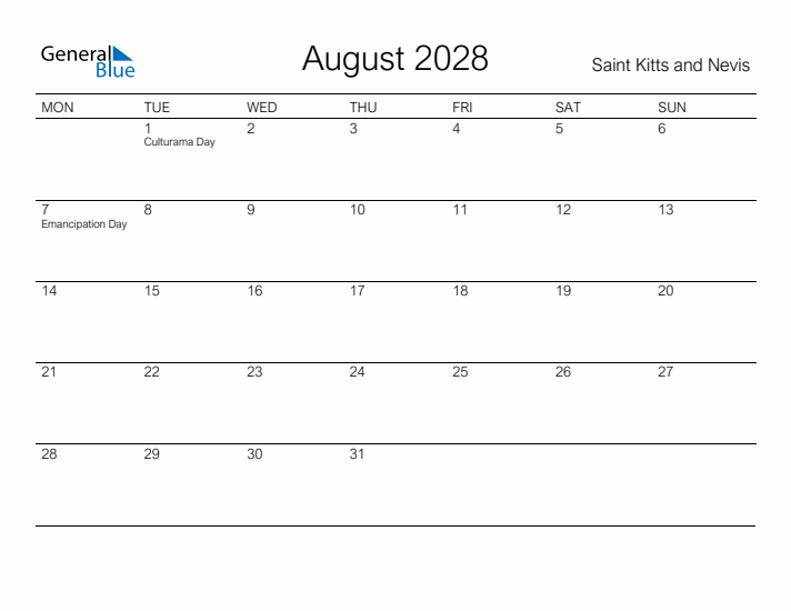 Printable August 2028 Calendar for Saint Kitts and Nevis