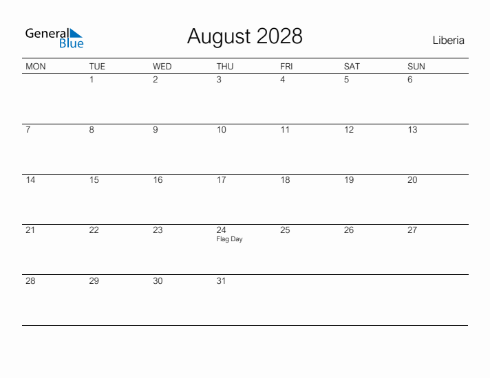 Printable August 2028 Calendar for Liberia