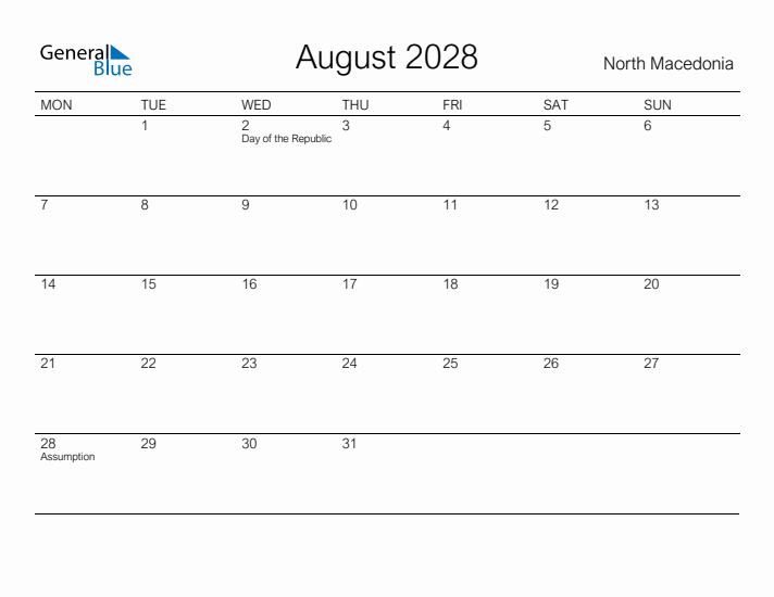 Printable August 2028 Calendar for North Macedonia