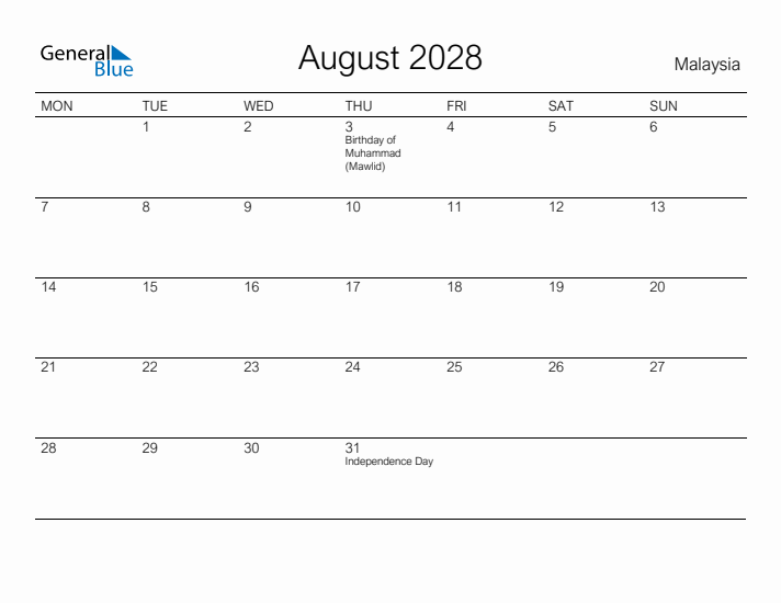 Printable August 2028 Calendar for Malaysia