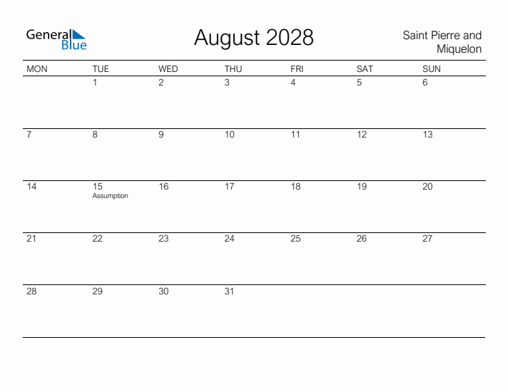 Printable August 2028 Calendar for Saint Pierre and Miquelon