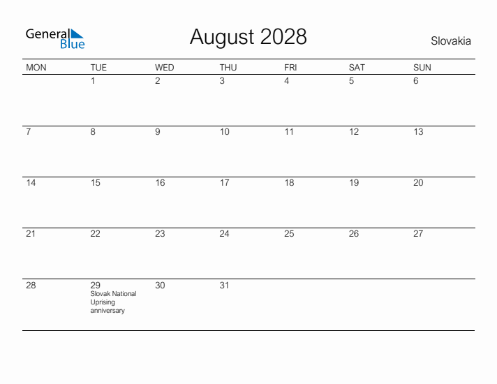 Printable August 2028 Calendar for Slovakia