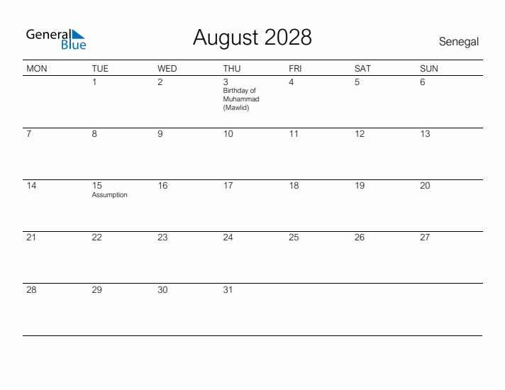 Printable August 2028 Calendar for Senegal