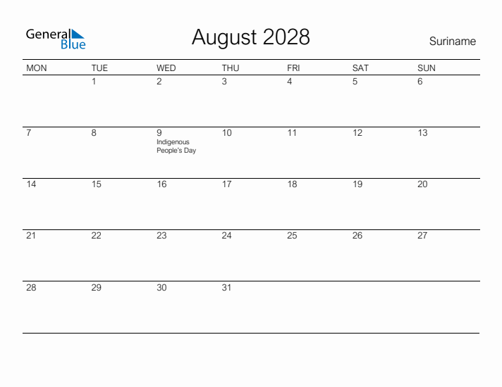 Printable August 2028 Calendar for Suriname