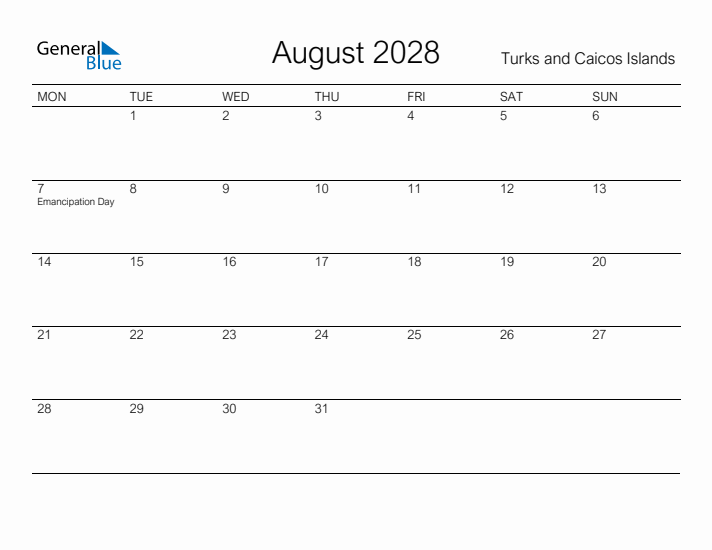 Printable August 2028 Calendar for Turks and Caicos Islands