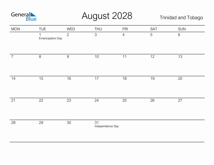 Printable August 2028 Calendar for Trinidad and Tobago