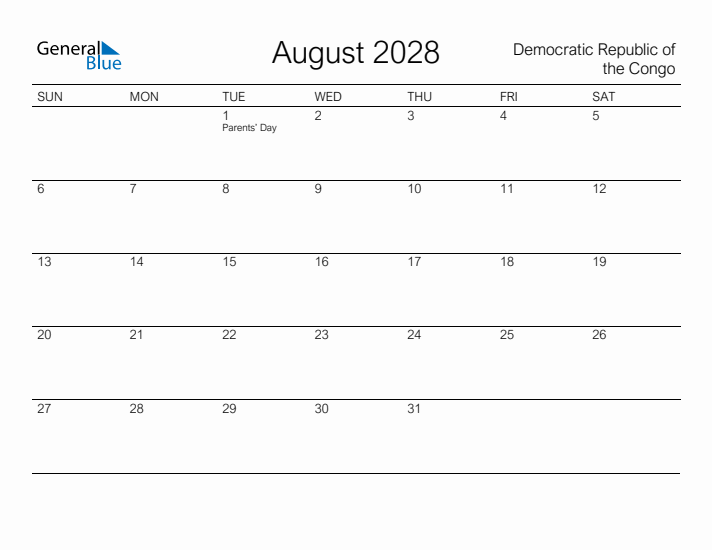 Printable August 2028 Calendar for Democratic Republic of the Congo