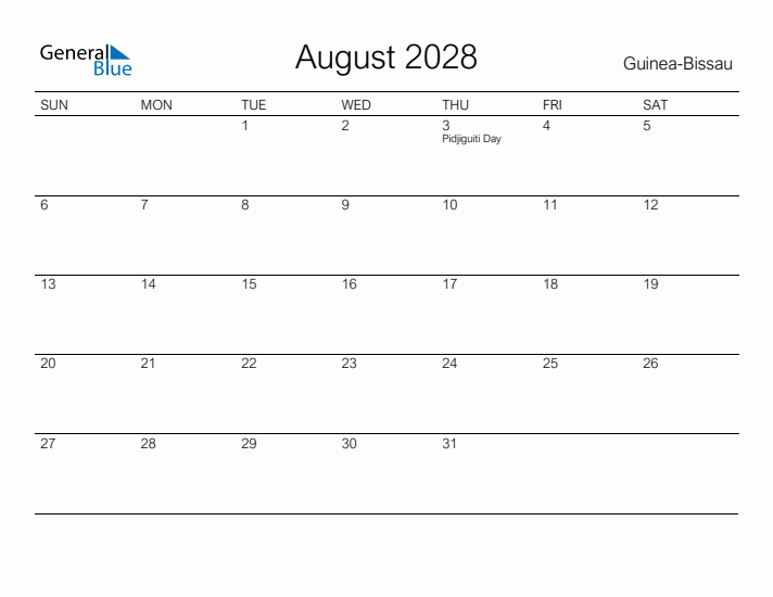 Printable August 2028 Calendar for Guinea-Bissau