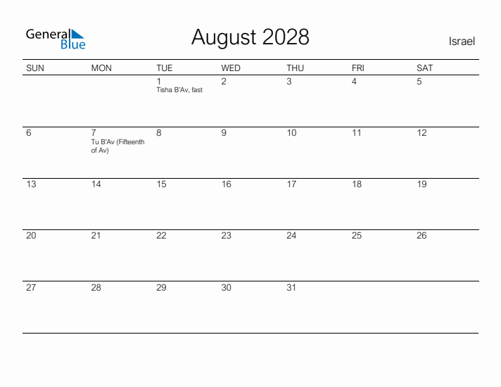 Printable August 2028 Calendar for Israel