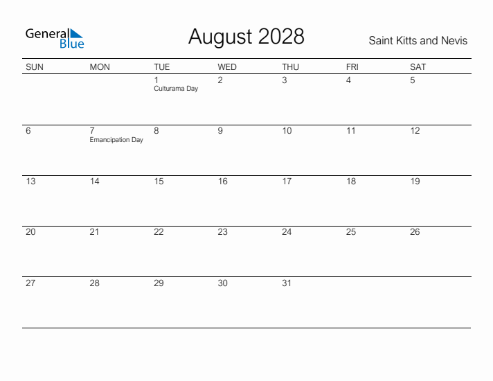 Printable August 2028 Calendar for Saint Kitts and Nevis