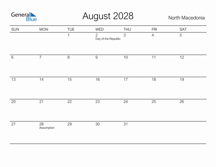 Printable August 2028 Calendar for North Macedonia