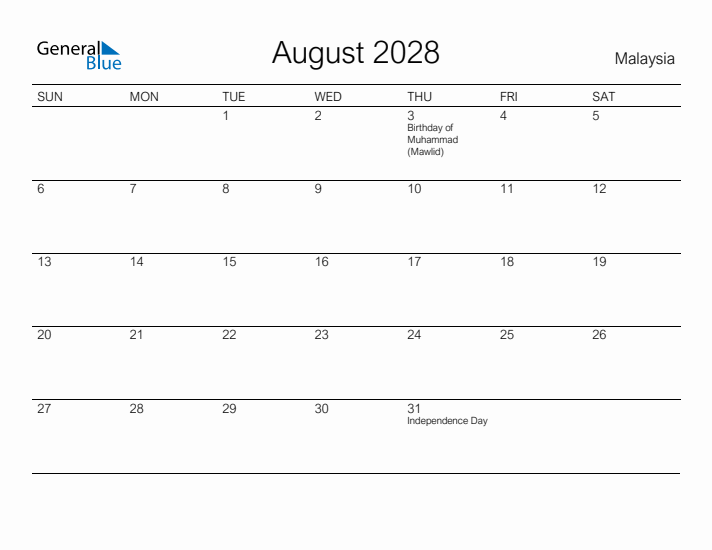 Printable August 2028 Calendar for Malaysia