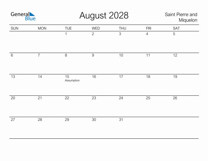 Printable August 2028 Calendar for Saint Pierre and Miquelon