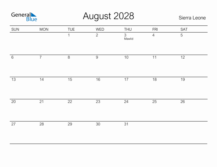 Printable August 2028 Calendar for Sierra Leone