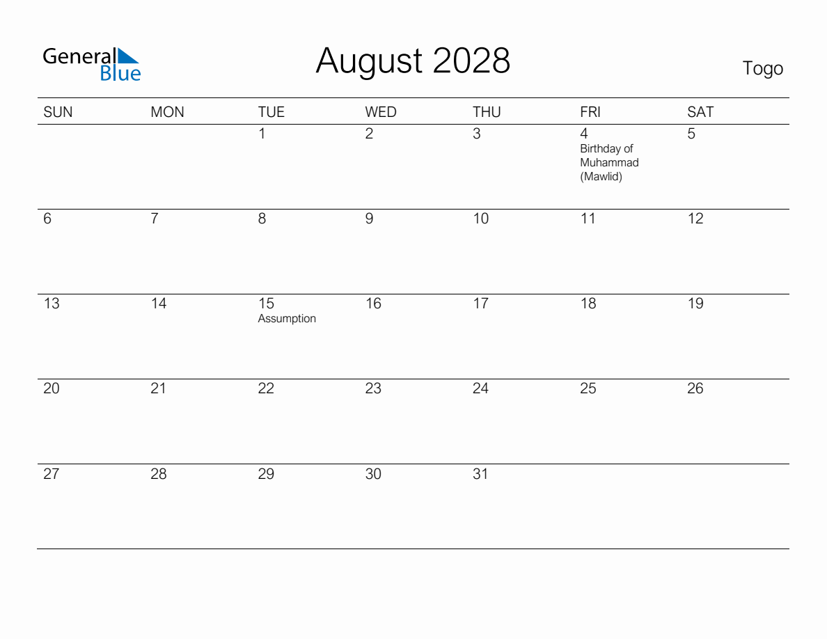Printable August 2028 Monthly Calendar with Holidays for Togo