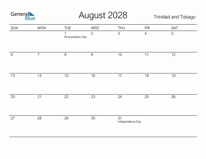 Printable August 2028 Calendar for Trinidad and Tobago
