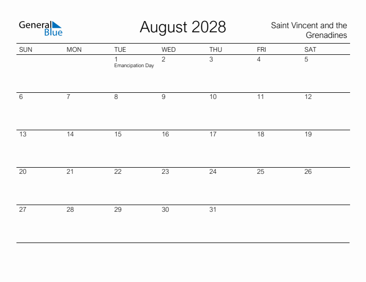Printable August 2028 Calendar for Saint Vincent and the Grenadines