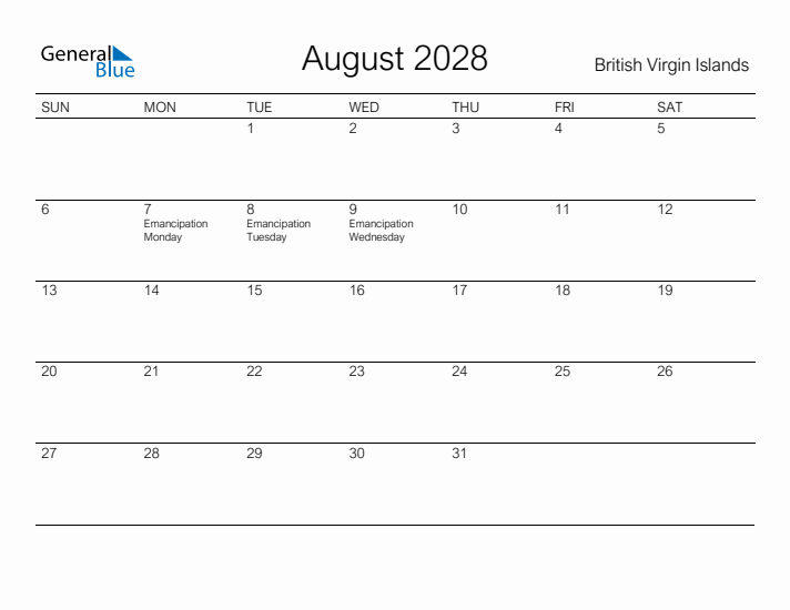 Printable August 2028 Calendar for British Virgin Islands