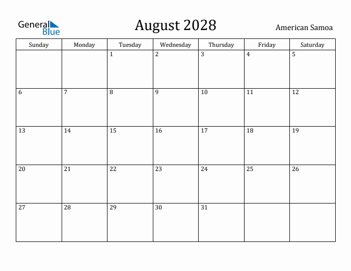 August 2028 Calendar American Samoa