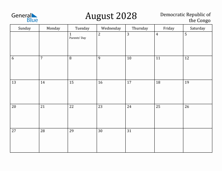 August 2028 Calendar Democratic Republic of the Congo