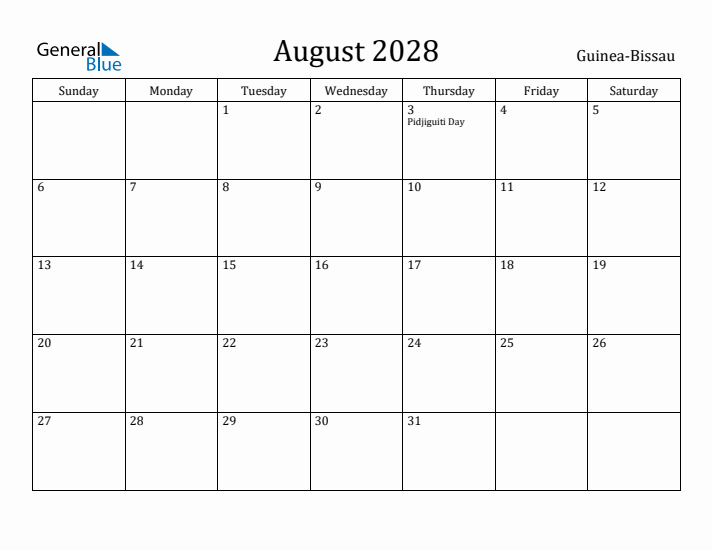 August 2028 Calendar Guinea-Bissau