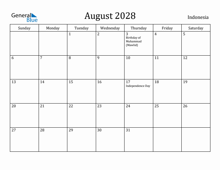 August 2028 Calendar Indonesia