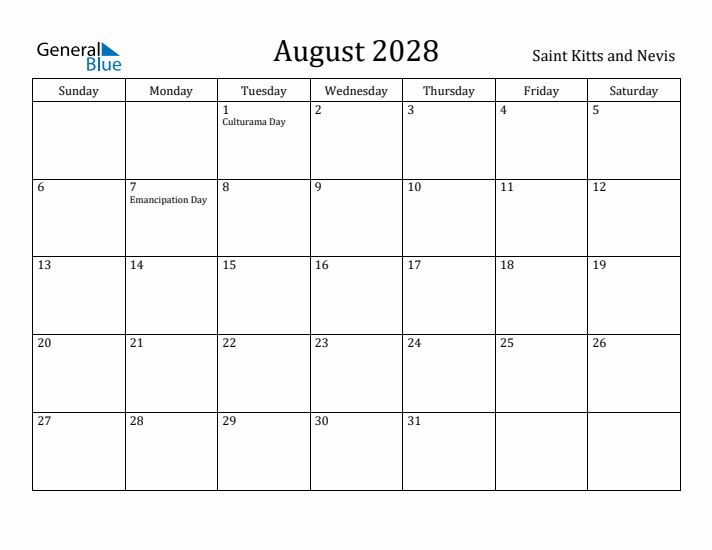 August 2028 Calendar Saint Kitts and Nevis