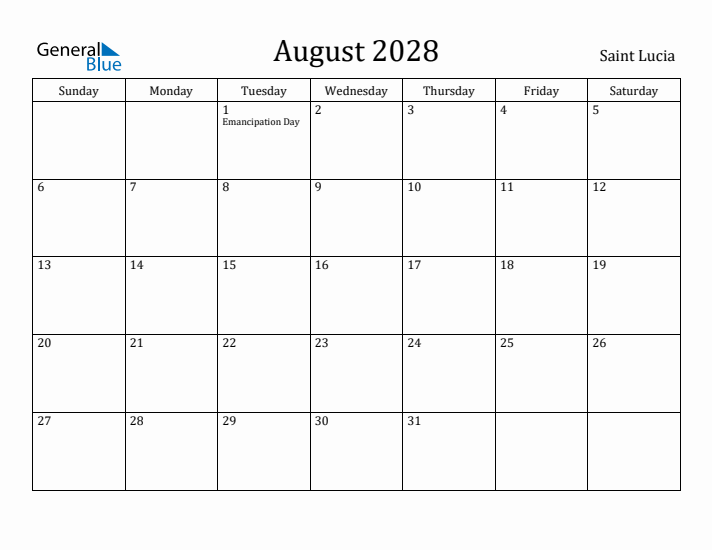 August 2028 Calendar Saint Lucia